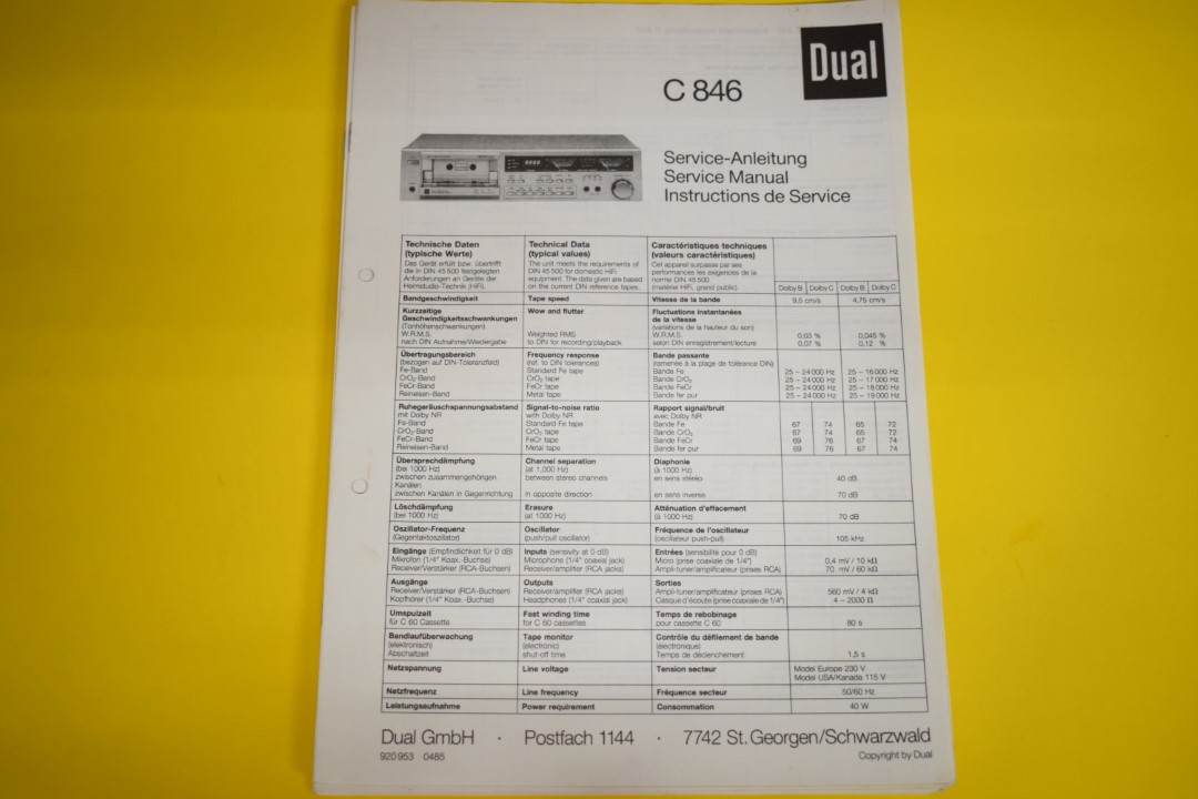 Dual C 846 cassettedeck Service Manual  			